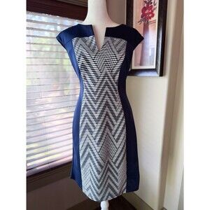 Connected Apparel Split Neck Stretch Navy & White Sheath Dress- Size 6P